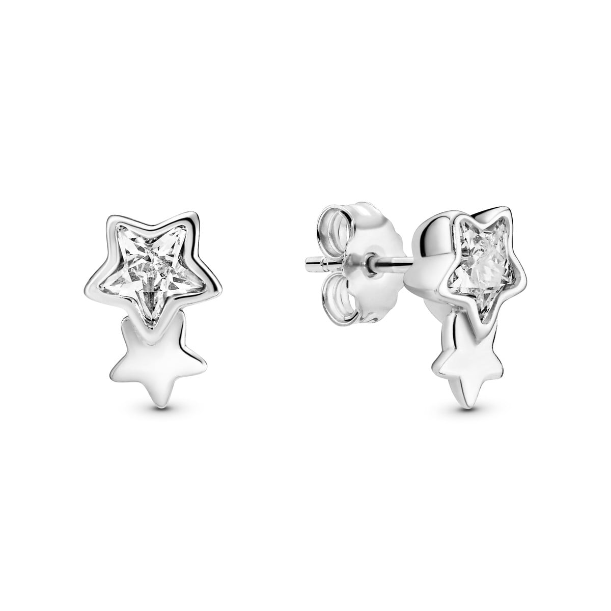 Twin Star Sterling Silver Stud Earrings with Clear Cubic Zirconia