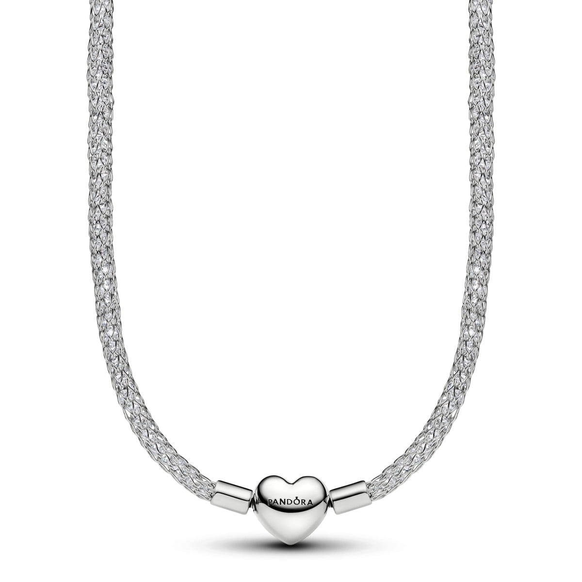 Heart Clasp Sparkling Mesh Necklace, Platinum Plated