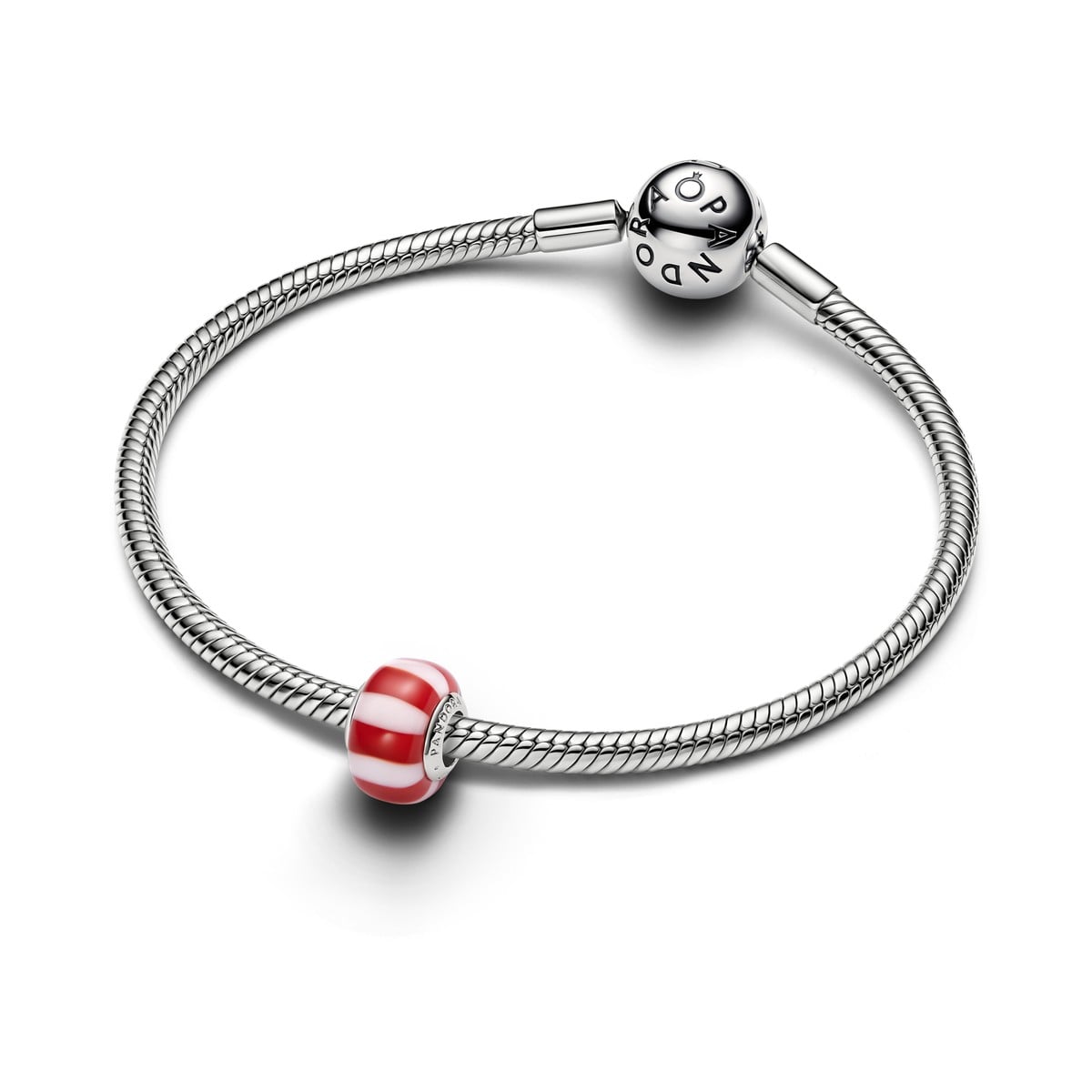 Red Peppermint Murano Glass Charm, Platinum Plated