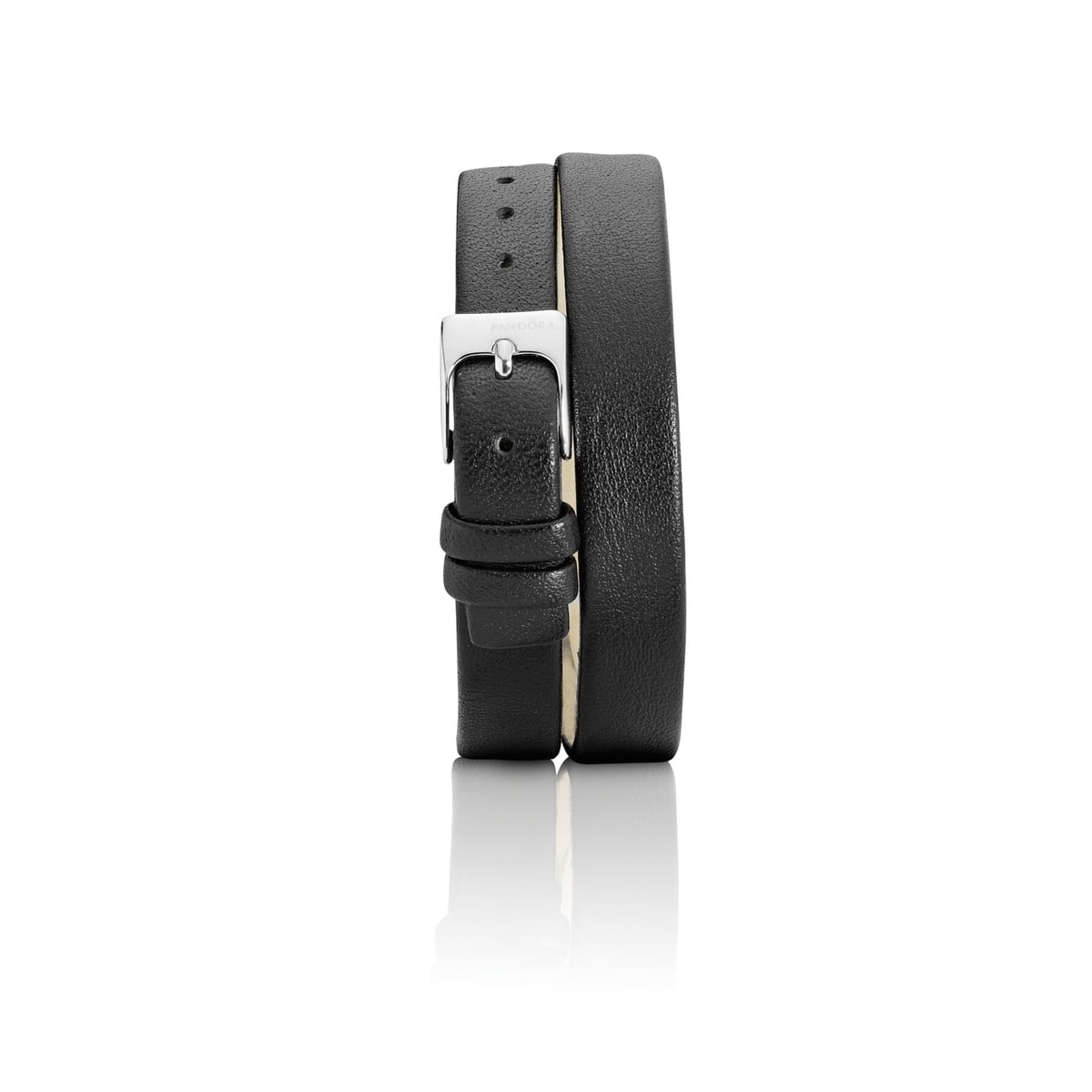 Double Oblong Black Leather Strap, Stainless Steel