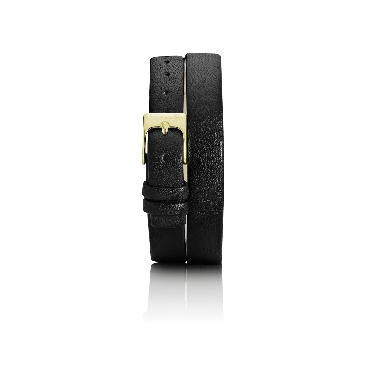 Double Oblong Black Leather Strap, Gold-plated Steel