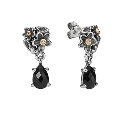 Earring, Dew Drops on Flowers 14K, Diamond & Onyx