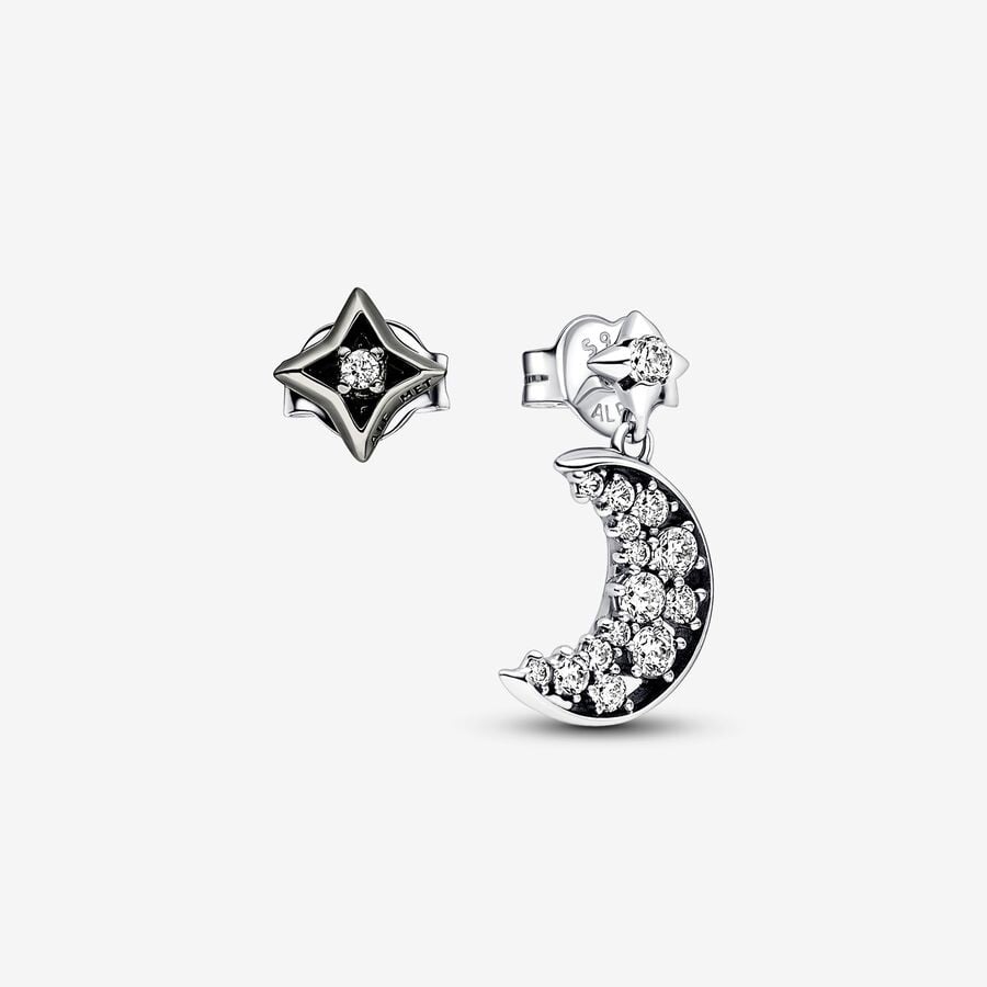 Sparkling Crescent Moon and Star Stud Earrings