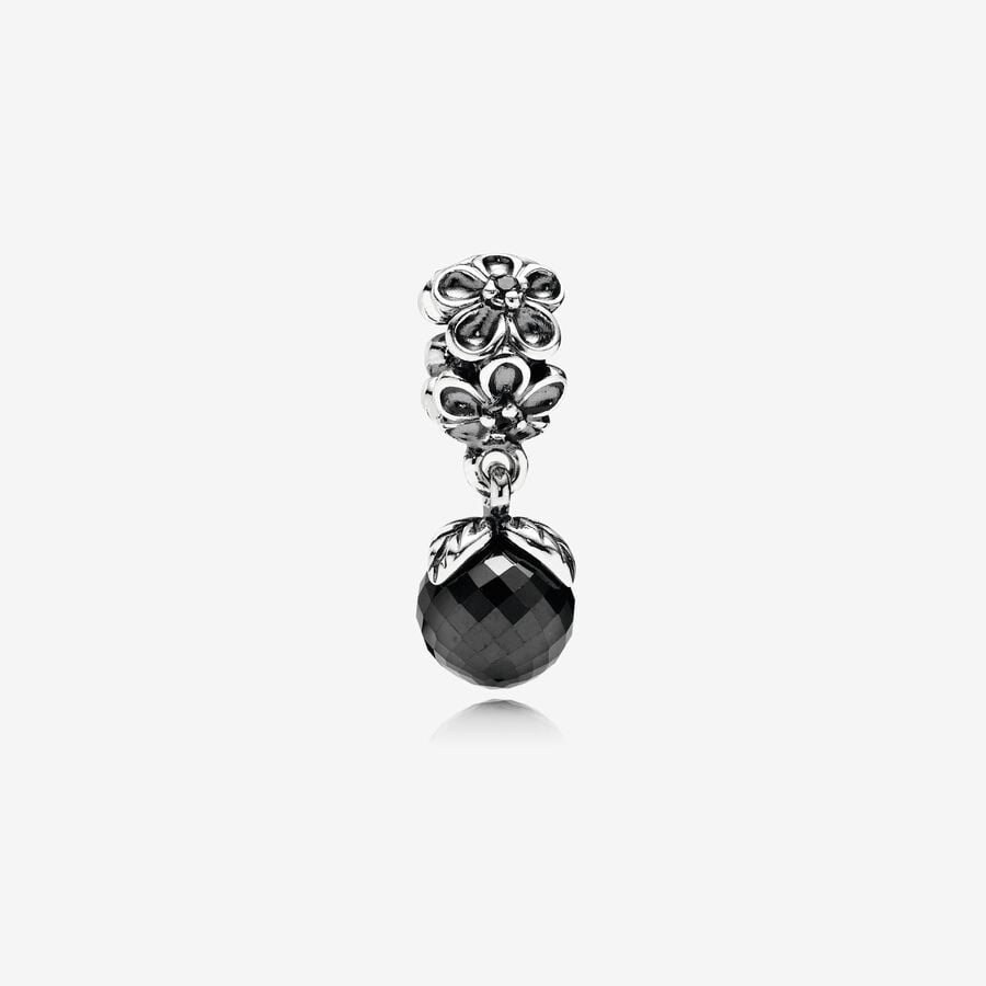 Sterling Silver, Black Spinel & Grey Crystal Flower Dangle Charm
