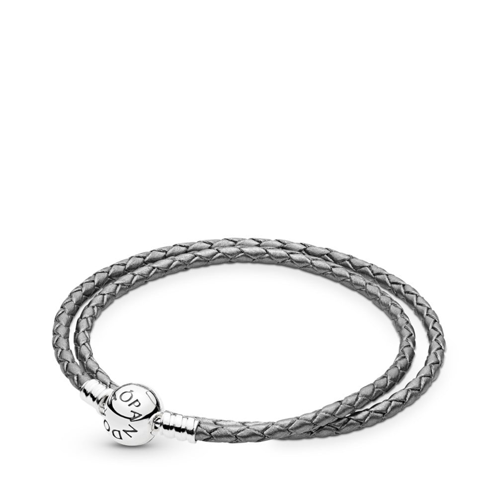 Silver Grey Braided Double-Leather Charm Bracelet