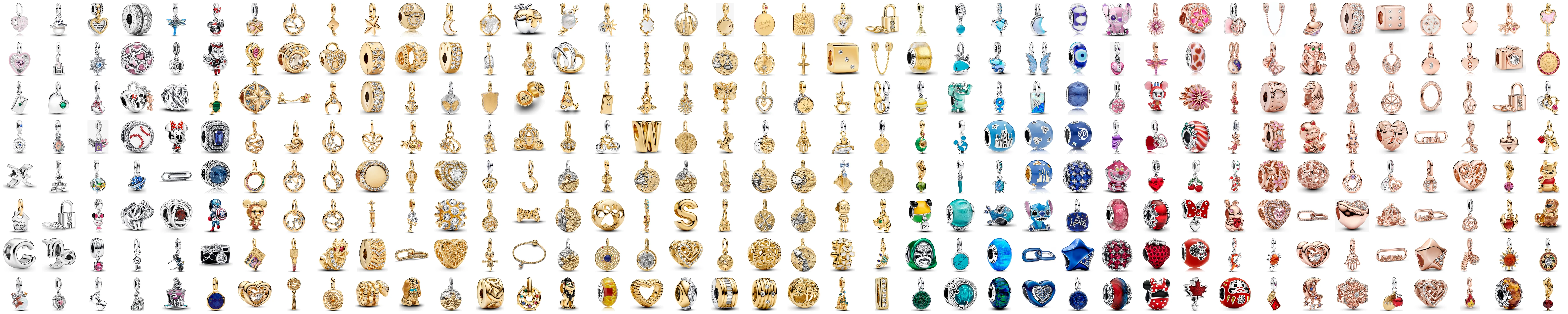 Mosaico de cientos de charms Pandora en plata, oro, oro rosa y colores vivos